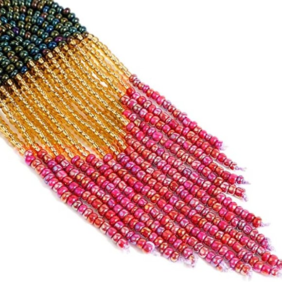 Long 4.5" Modern Art Deco Oversized Post Earrings AB Green Red Brown Gold Beaded - Picture 5 of 7